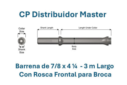 Barra de 3 metros x vástago de 7/8 x 4-1/4 in barrena roscada en "H"; barreno de perforación con rosca frontal 64300