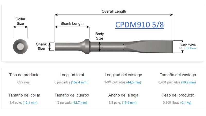 Cincel plano 910-5/8  de 7 in  177.8 mm 5/8 in 15.9 mm Blade Width; .498 Turn Type Shank