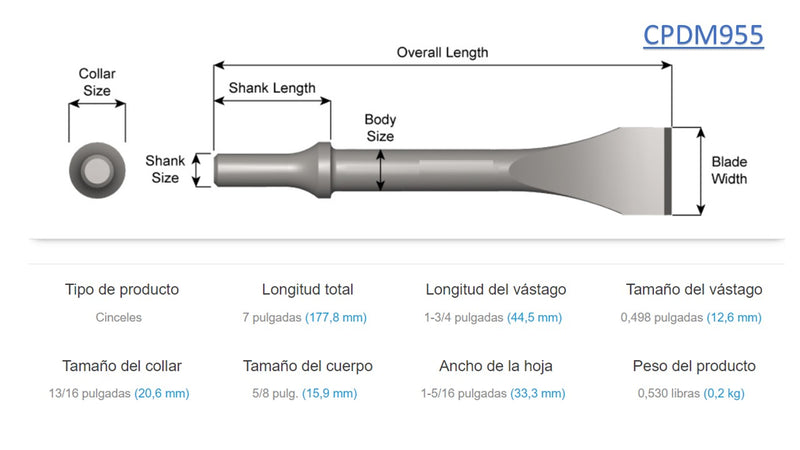 Cincel / raspador 955 de 7 in 177,8 mm ancho de hoja de 1-5/16 in 33,3 mm vástago tipo giro de 0,498