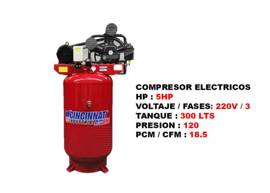 Compresor Eléctrico 5HP 300L 220V/3F – Potencia y Eficiencia para Trabajo Industrial