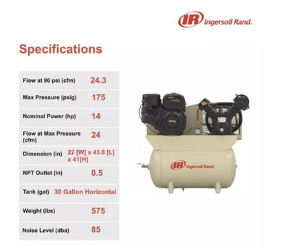 Compresor de Aire Estacionario Ingersoll Rand de 14 hp a Gasolina 120 Lts Proyectos Móviles y Estacionarios