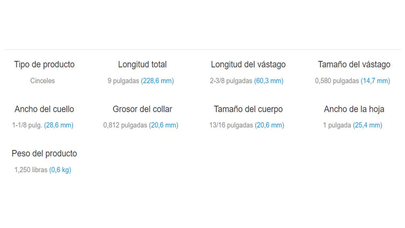 Cincel  plano 304 Vástago .580 Hexagonal Cuello Oval De 9 PuLG Para Cincelador